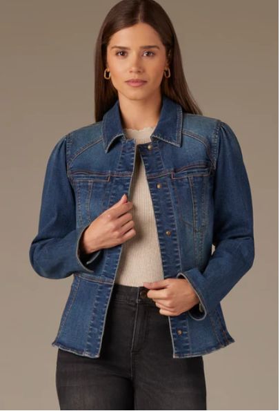 Wit &amp; Wisdom Long Sleeve Snap Front Peplum Hem Denim Jacket