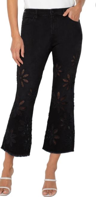 Liverpool Hannah Crop Flare With Fray Hem Black Daisy