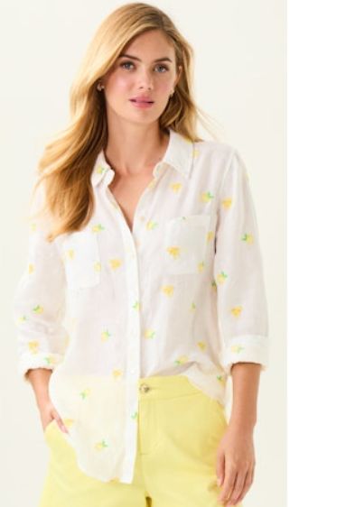 Lilly Pulitzer Sea View Linen Button Down Top (Lemon Bee)
