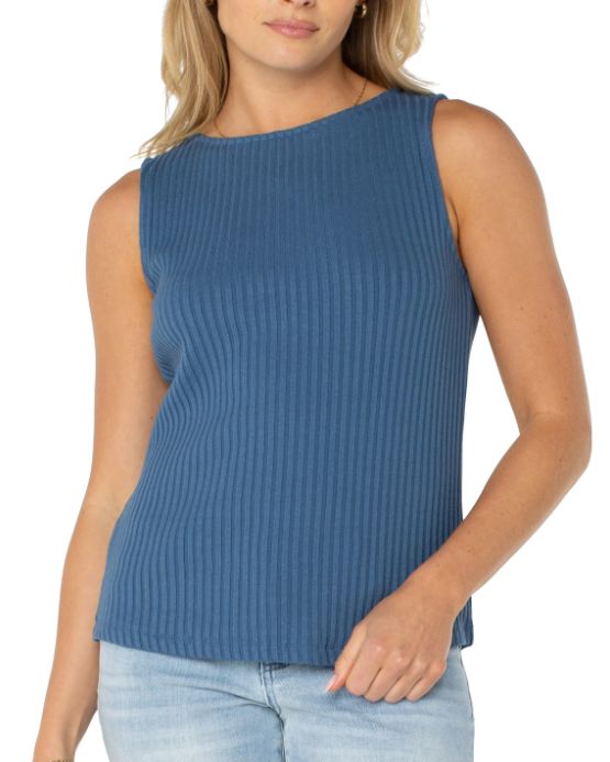 Liverpool Sleeveless Boat Neck Rib Knit Top French Blue