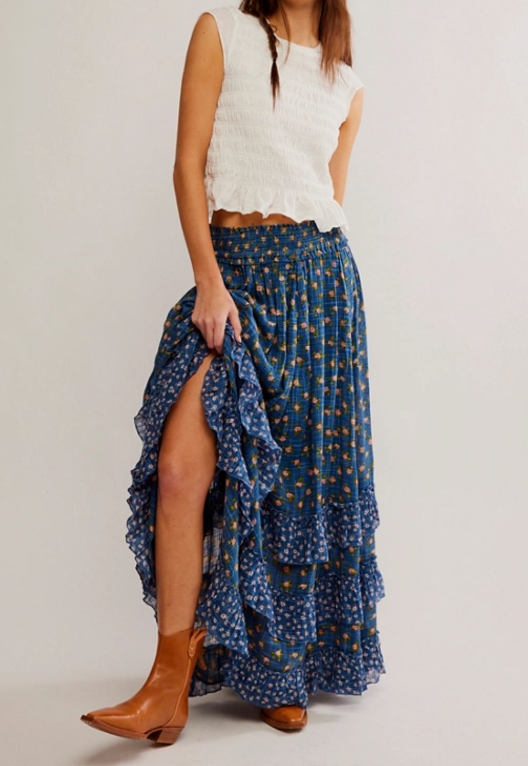 Free People Brynn Printed Maxi Skirt (Chambray Combo- Ditsy)