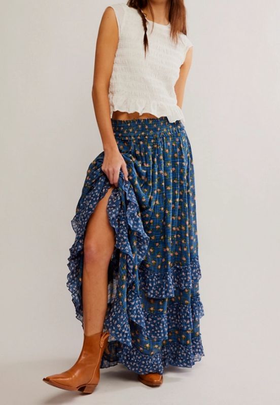 Free People Brynn Printed Maxi Skirt (Chambray Combo- Ditsy)