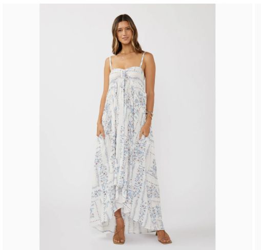 Lovestitch Hi-Lo Spaghetti Strap Patchwork Ruffle Maxi Dress Creamy/Dusty Blue