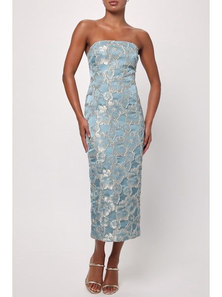 Lulus Isla Strapless Dress (Blue/Gold)
