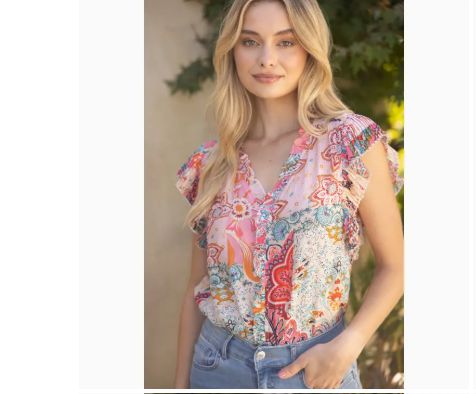 Pleated Sleeve Mixed Paisley Print Button Up Top