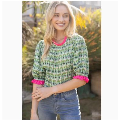 Contrast Ruffle Puff Sleeve Print Top
