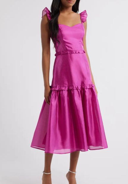 LuLus Ruffle Detail Textured Satin Dress Fushia