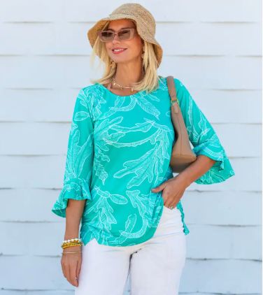 La Mer Luxe Susan Top with Ruffle Sleeves Aquamarine Santorini