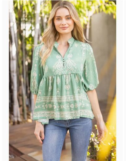 Green Boarder Print Cover Button Peplum  Top