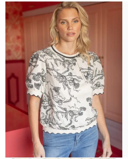 Abstract Floral Embroidered Scalloped Band Top