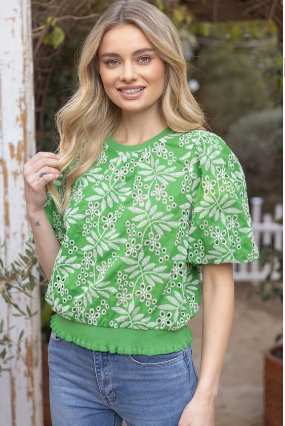 Green Leaf Embroidered Eyelet Bubble Sleeve Top