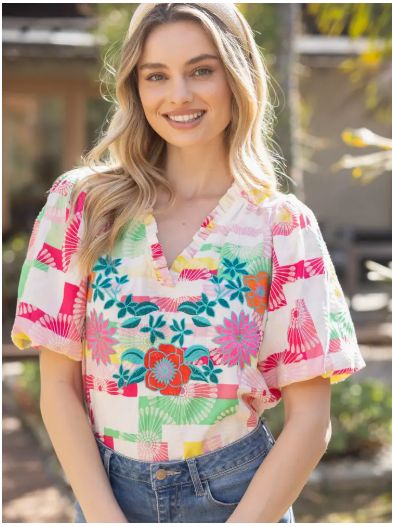 Ruffled V Neck Floral Embroidery Top
