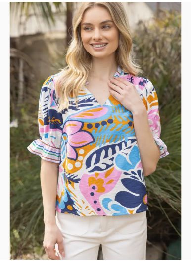 Floral and Stripe Mixed Puff Sleeve Top