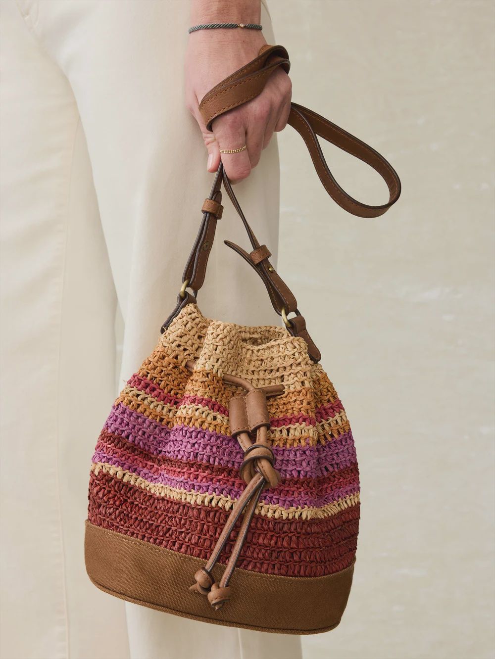 Faherty Striped Raffia Drawstring Bucket Bag