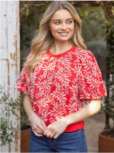 Red  Leaf Embroidered Eyelet Bubble Sleeve Top