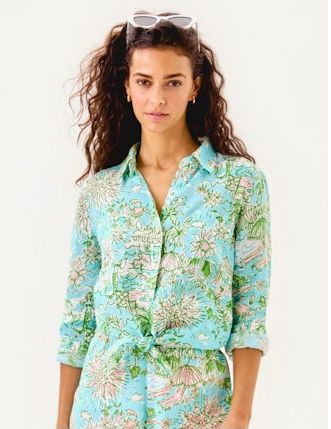 Lilly Pulitzer Sea View Linen Button Down Top (Fresh Water Blue Sunbathers Bliss)