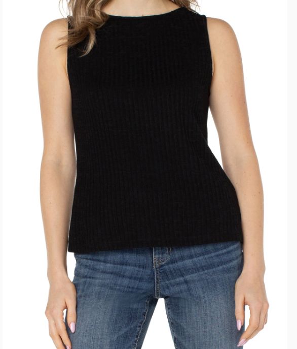 Liverpool Sleeveless Boat Neck Rib Knit Top Black