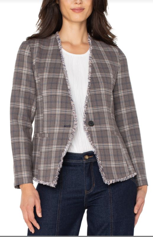 Liverpool Collarless Fitted Blazer Brown Navy Glen Check