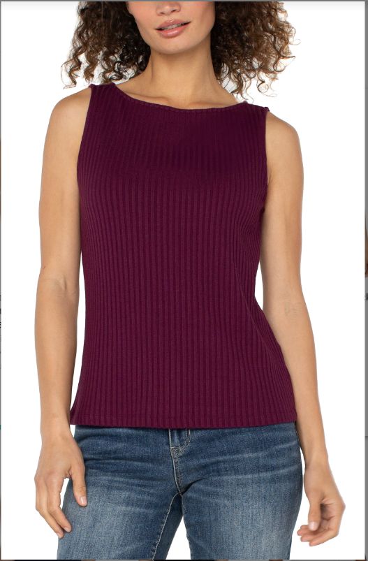 Liverpool Sleeveless Boat Neck Rib Knit Top Wine Berry