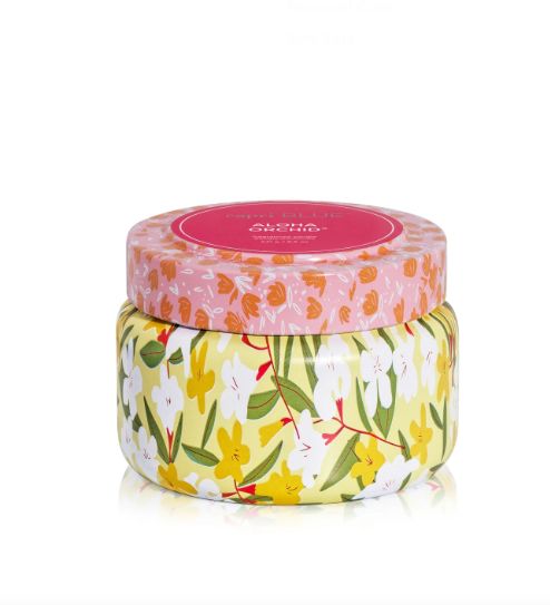Capri Aloha Orchid Pattern Play Printed Travel Tin Candle