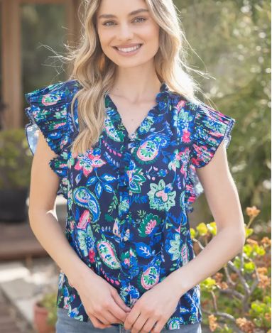 Pleated Cap Sleeve Paisley and Floral Woven Top