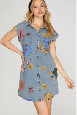 Flowers Print Denim Shirt Dress