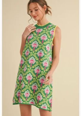 Geometric Print Knit Dress Green Pink