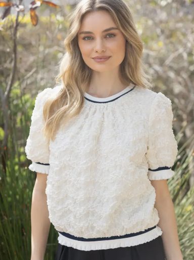 Short Puff Sleeve with Stripe Trim Textured Knit Top