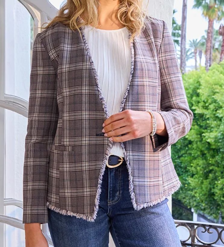 Liverpool Collarless Fitted Blazer Brown Navy Glen Check