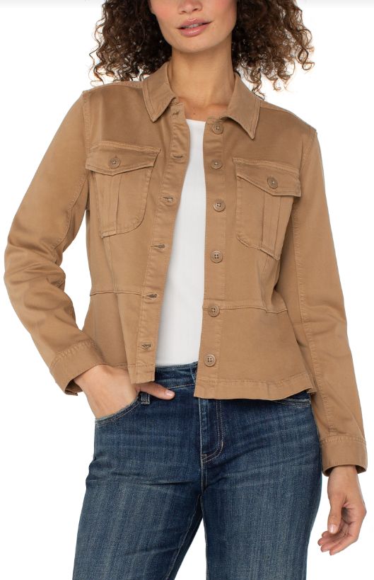 Liverpool Peplum Hem Trucker Jacket (Desert Camel)