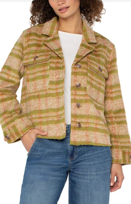 Liverpool Button Front Boxy Shacket (Green Gold Basket Plaid)