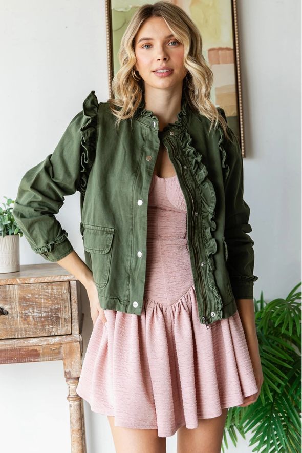 Ruffle Detail Jacket (Olive)