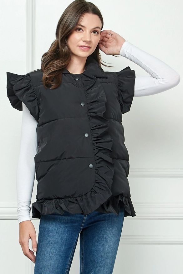 Ruffle Puffer Vest (Black)
