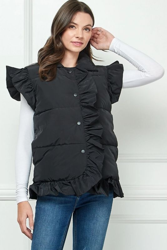 Ruffle Puffer Vest (Black)