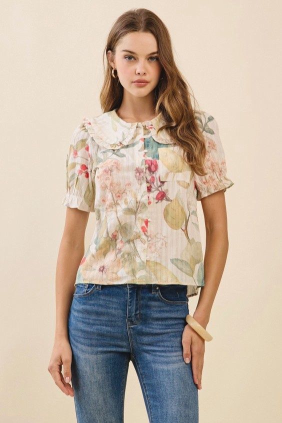Floral Print Textured Stripes  Top