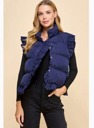 Ruffle Trim Button Down Puffer Vest (Navy Blue)