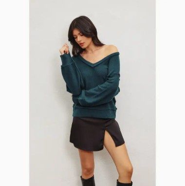 Slouchy V-Neck Pullover Sweater Teal