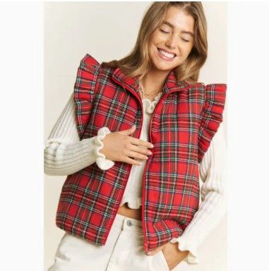 Everyday Plaid Puff Zip Up Vest Jacket with Armhole Ruffle