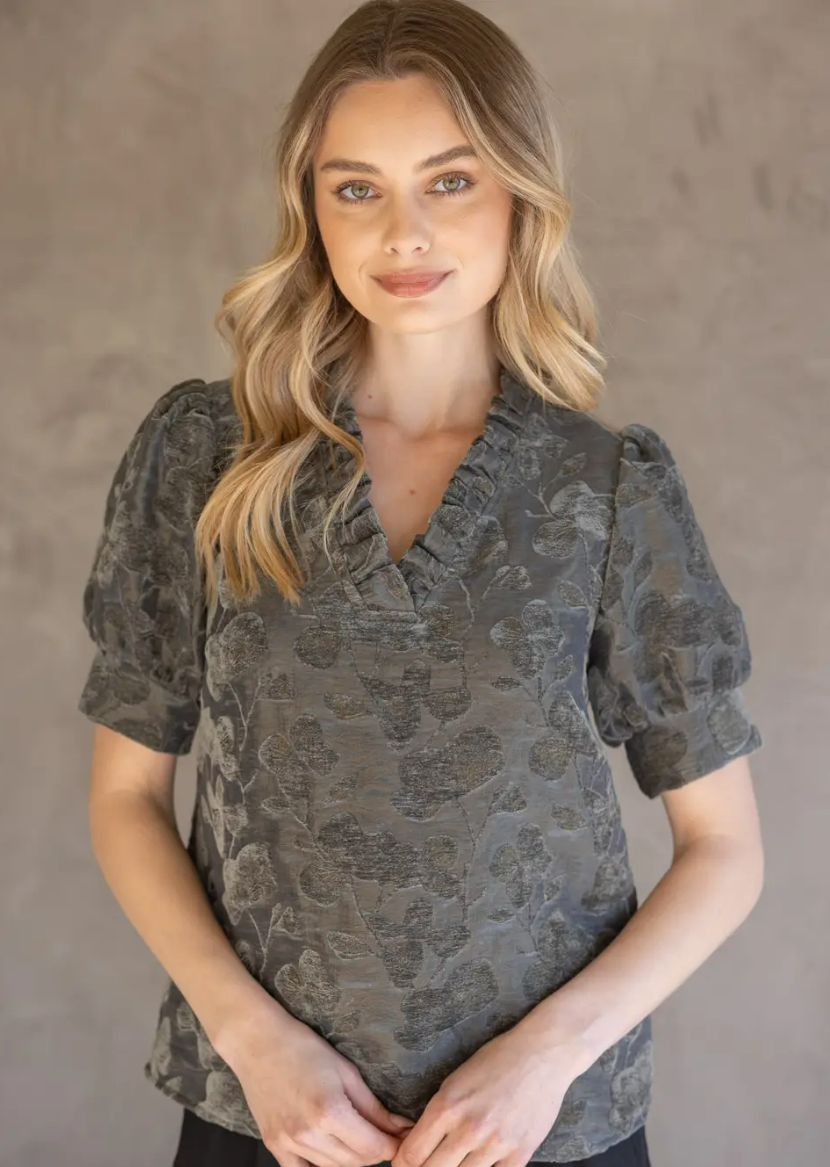 Ruffled V-Neckline Floral Textured Velvet Top