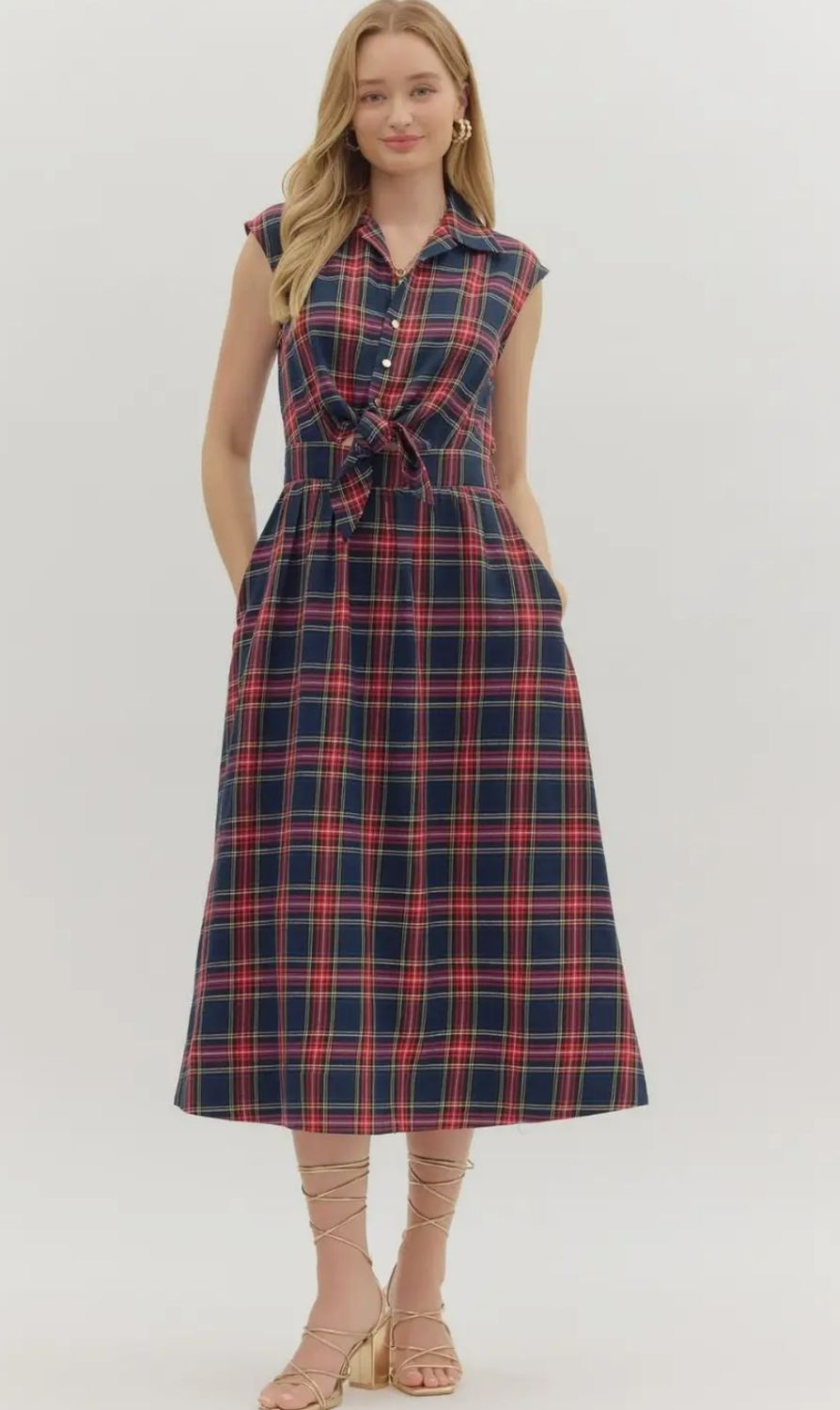 Plaid Sleeveless Midi Dress (Navy)