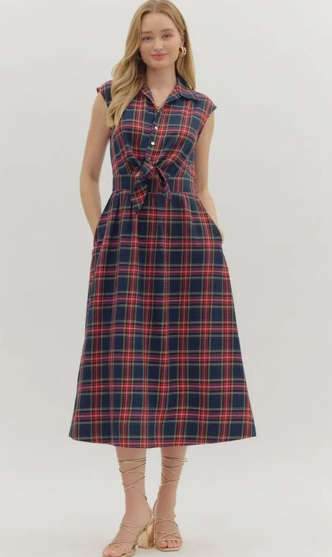 Plaid Sleeveless Midi Dress (Navy)