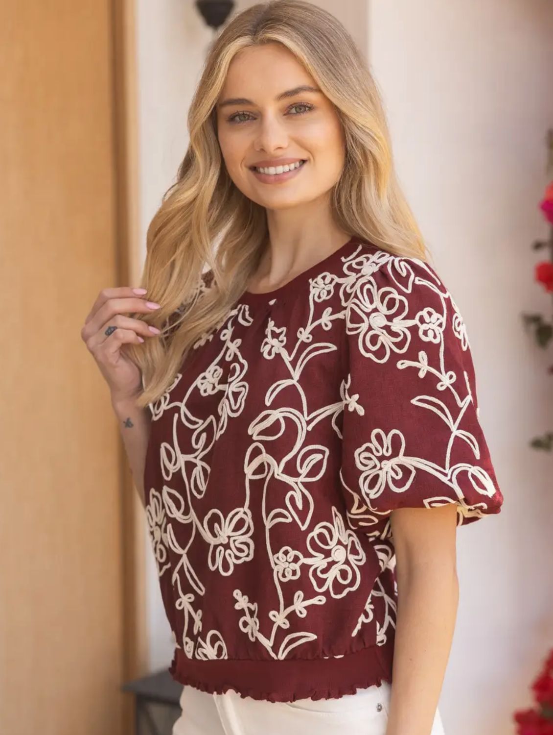 Floral Embroidered Short Bubble Sleeve Top (Burgundy)