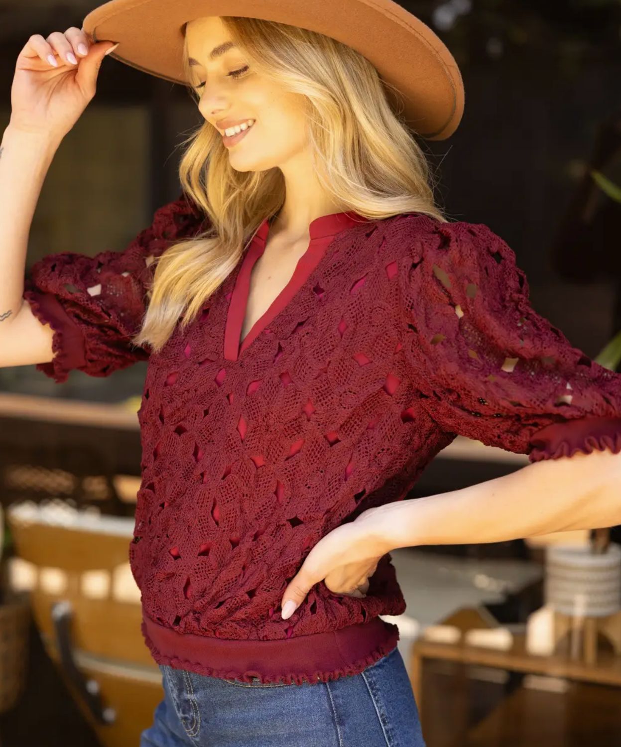 Elastic Band Detail Floral Crochet Top