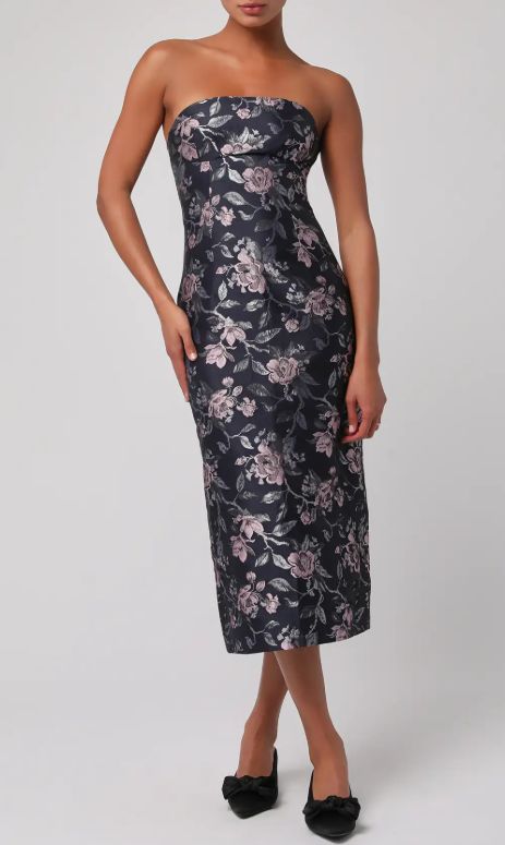 LULUS Perla Jacquard Strapless Midi Dress (Black Floral)