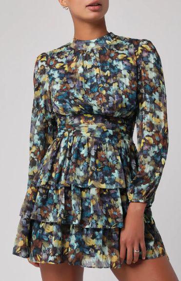 LULUS Zena Tie Back Tiered Mini Dress (Teal Multi)