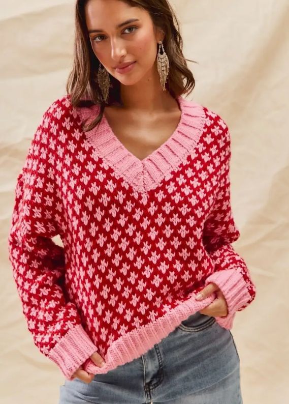Color Block Textured Christmas Sweater V Neck Top (Red/Pink)