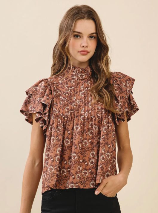 Floral Print Pintuck Detail Mock Neck Top