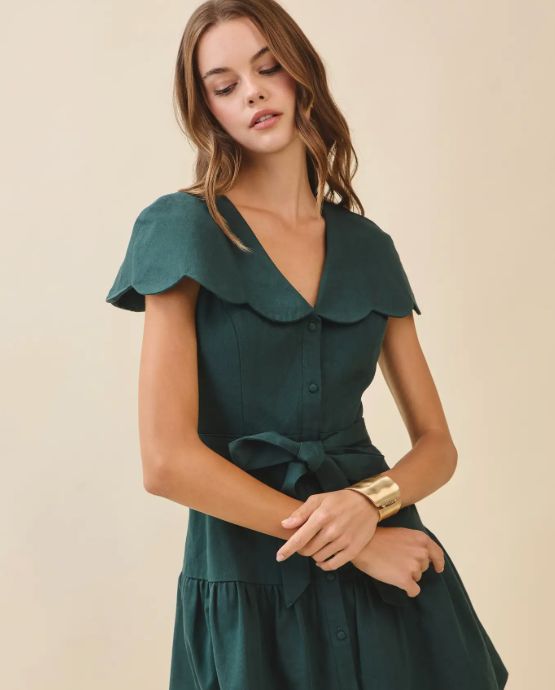 Fit and Flare Oversized Scalloped Collar Dress (Hunter Green)