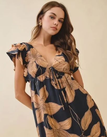 Floral Print Plunging V Neck Empire Waist Dress (Black)