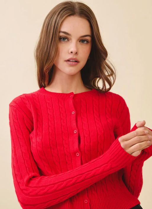 Cable Knit Crop Silhouette Button Front Cardigan (Red)